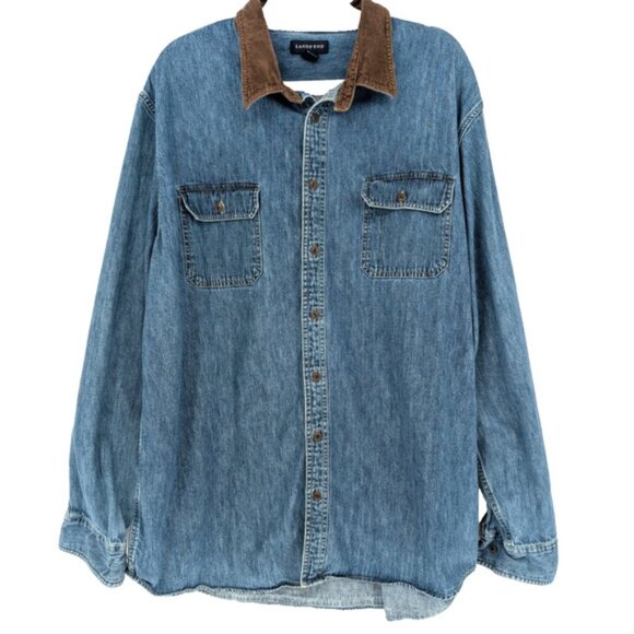 VTG Lands End Womens Blue Denim Chore Barn Shirt Corduroy Collar XXL Tall - Picture 7 of 11